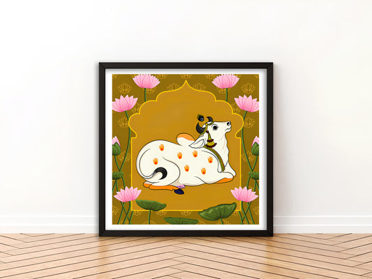 Kamadhenu Pichwai Art - The Wish-Fulfilling Cow of Hindu Mythology | Indian Wall Art Decor