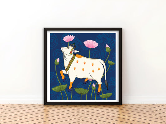 Kamadhenu's Graceful Presence Pichwai Art | Indian Wall Art Decor