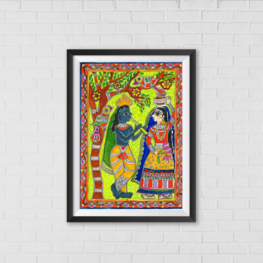 Radha Enchanted by Krishna: A Madhubani Art Story | Indian wall art Decor