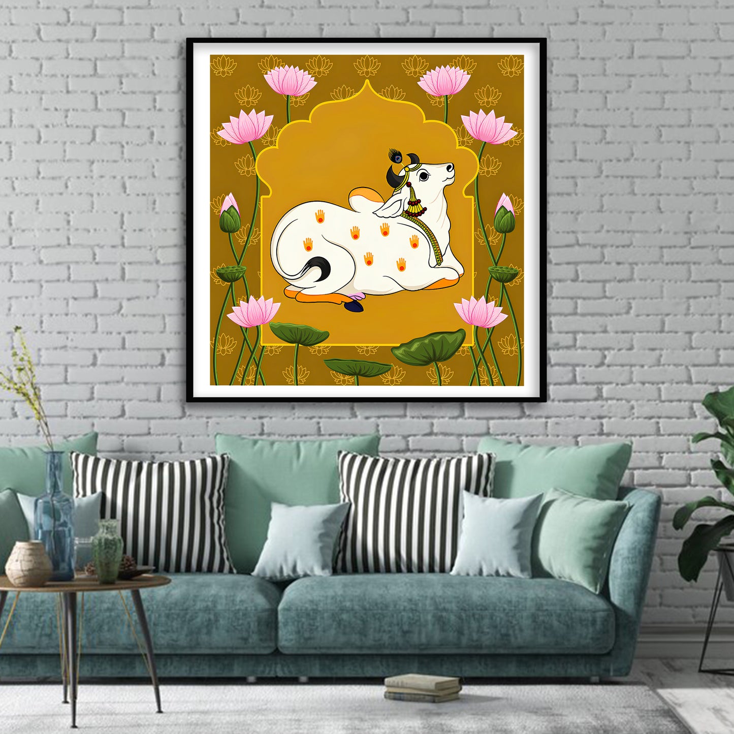 Kamadhenu Pichwai Art - The Wish-Fulfilling Cow of Hindu Mythology | Indian Wall Art Decor