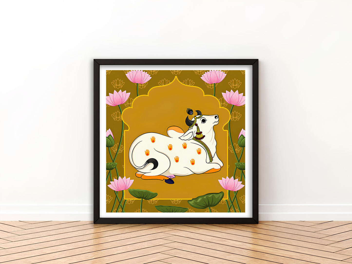 Kamadhenu Pichwai Art - The Wish-Fulfilling Cow of Hindu Mythology | Indian Wall Art Decor