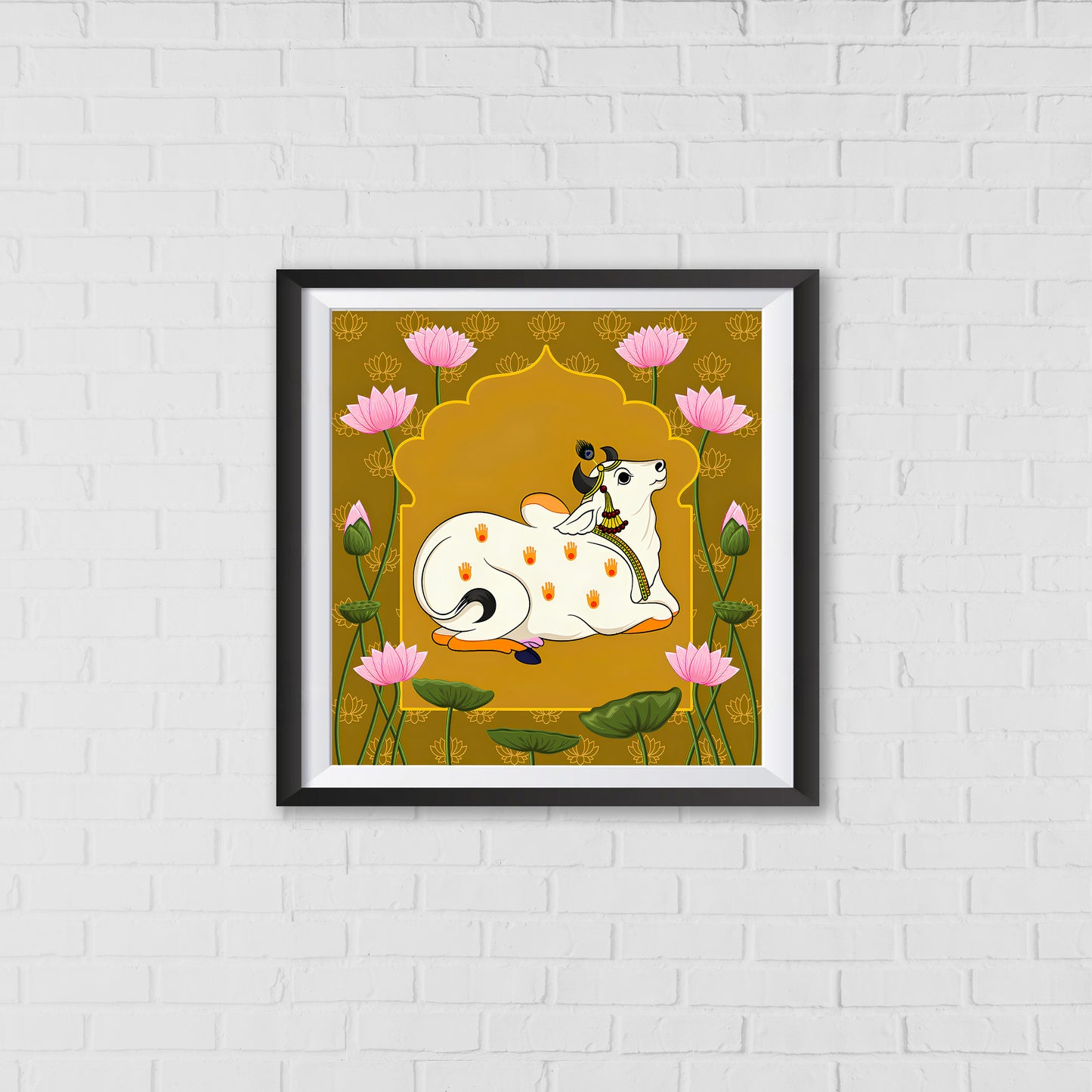 Kamadhenu Pichwai Art - The Wish-Fulfilling Cow of Hindu Mythology | Indian Wall Art Decor