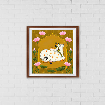 Kamadhenu Pichwai Art - The Wish-Fulfilling Cow of Hindu Mythology | Indian Wall Art Decor