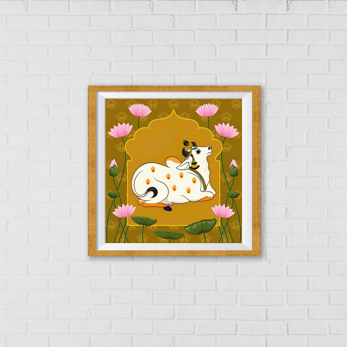 Kamadhenu Pichwai Art - The Wish-Fulfilling Cow of Hindu Mythology | Indian Wall Art Decor