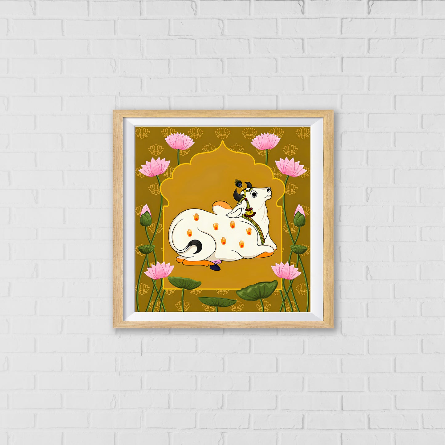 Kamadhenu Pichwai Art - The Wish-Fulfilling Cow of Hindu Mythology | Indian Wall Art Decor