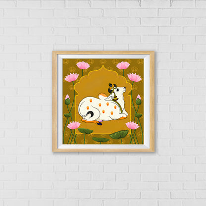 Kamadhenu Pichwai Art - The Wish-Fulfilling Cow of Hindu Mythology | Indian Wall Art Decor