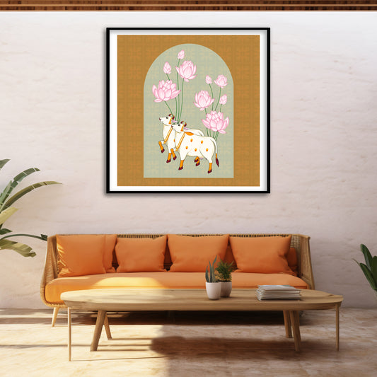 Kamadhenu and the Floral Path of Prosperity Pichwai Art | Indian Wall Art Decor