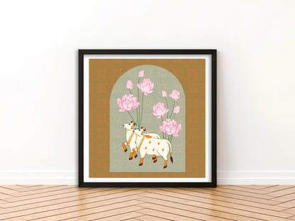 Kamadhenu and the Floral Path of Prosperity Pichwai Art | Indian Wall Art Decor