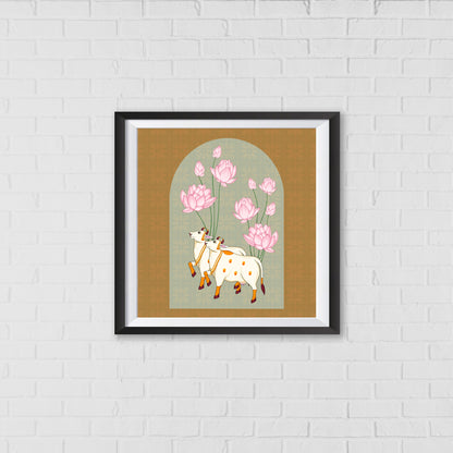 Kamadhenu and the Floral Path of Prosperity Pichwai Art | Indian Wall Art Decor
