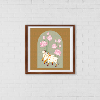 Kamadhenu and the Floral Path of Prosperity Pichwai Art | Indian Wall Art Decor