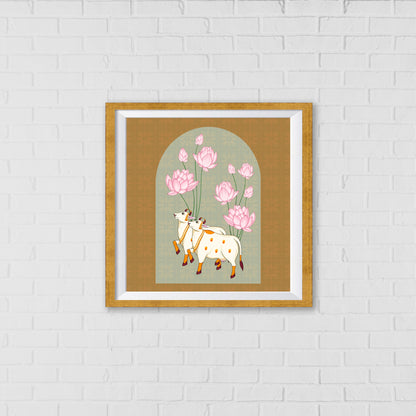 Kamadhenu and the Floral Path of Prosperity Pichwai Art | Indian Wall Art Decor