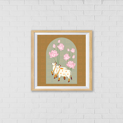 Kamadhenu and the Floral Path of Prosperity Pichwai Art | Indian Wall Art Decor