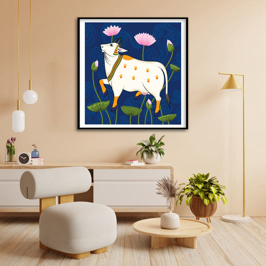 Kamadhenu's Graceful Presence Pichwai Art | Indian Wall Art Decor
