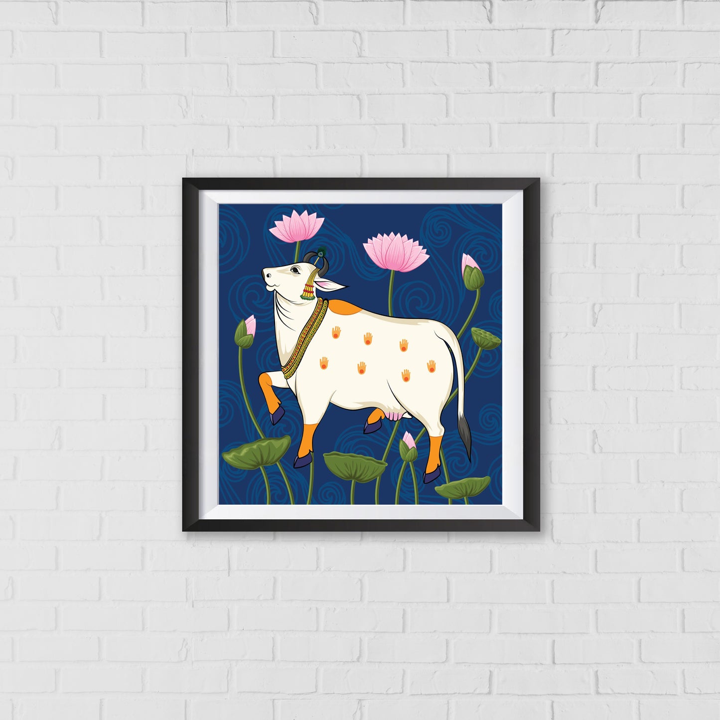 Kamadhenu's Graceful Presence Pichwai Art | Indian Wall Art Decor