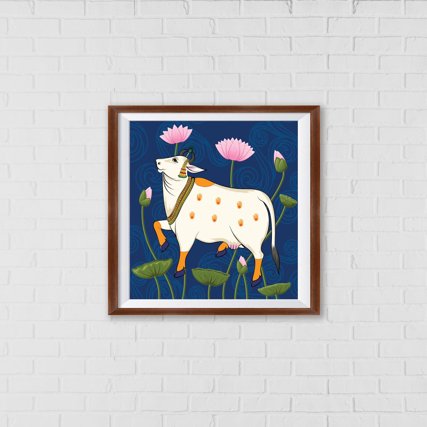 Kamadhenu's Graceful Presence Pichwai Art | Indian Wall Art Decor