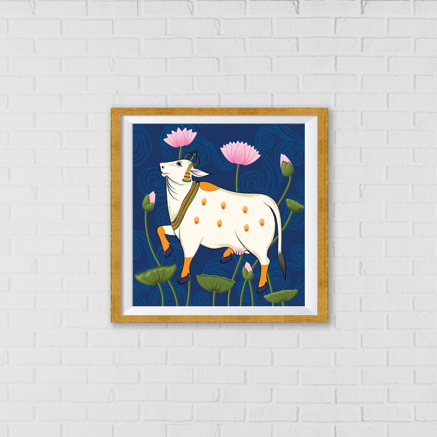 Kamadhenu's Graceful Presence Pichwai Art | Indian Wall Art Decor
