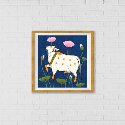 Kamadhenu's Graceful Presence Pichwai Art | Indian Wall Art Decor