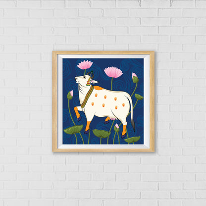 Kamadhenu's Graceful Presence Pichwai Art | Indian Wall Art Decor