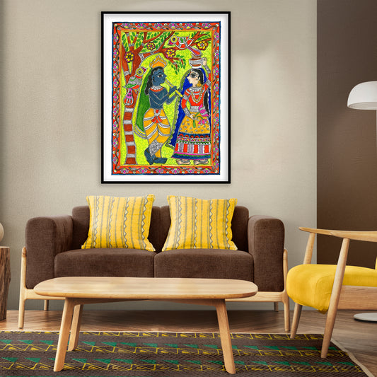 Radha Enchanted by Krishna: A Madhubani Art Story | Indian wall art Decor