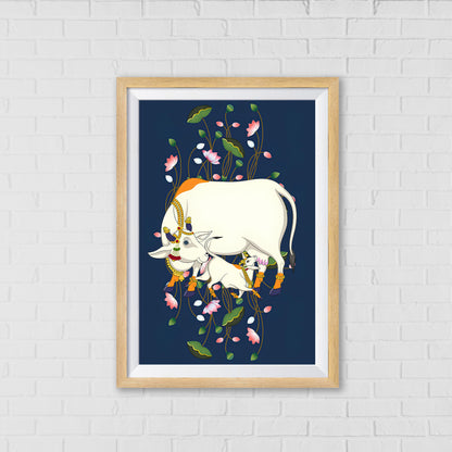 The Bountiful Mother - Kamadhenu Pichwai Art | Indian Wall Art Decor
